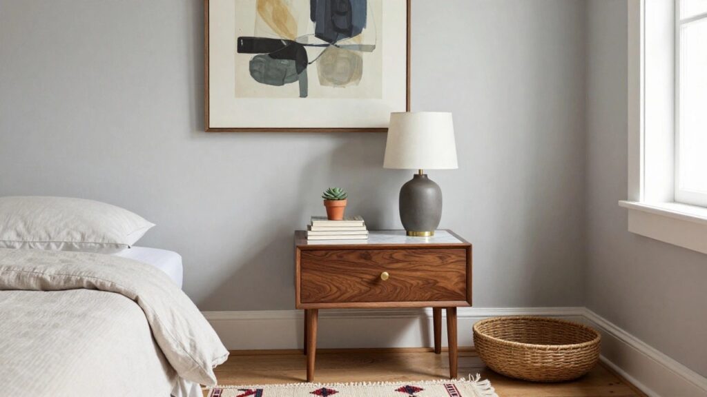 20 Warm Wood Bedside Table Ideas That Add Natural Charm A wooden bedside table with a marble top next to a bed, with a lamp, books, and a woven basket on the lower shelf.