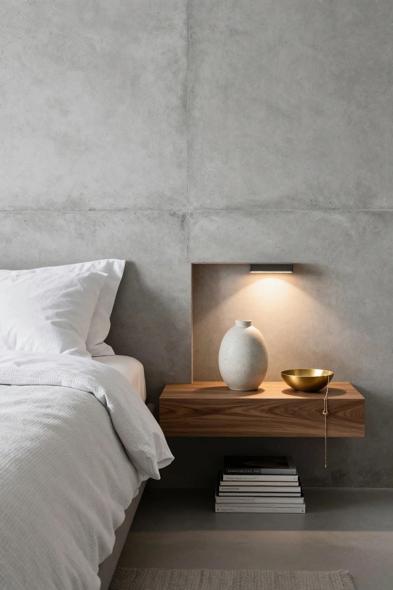 A bedroom with a floating wooden bedside table mounted on a gray wall, next to a bed with white bedding, a recessed niche with lighting above the table, and books stored underneath.