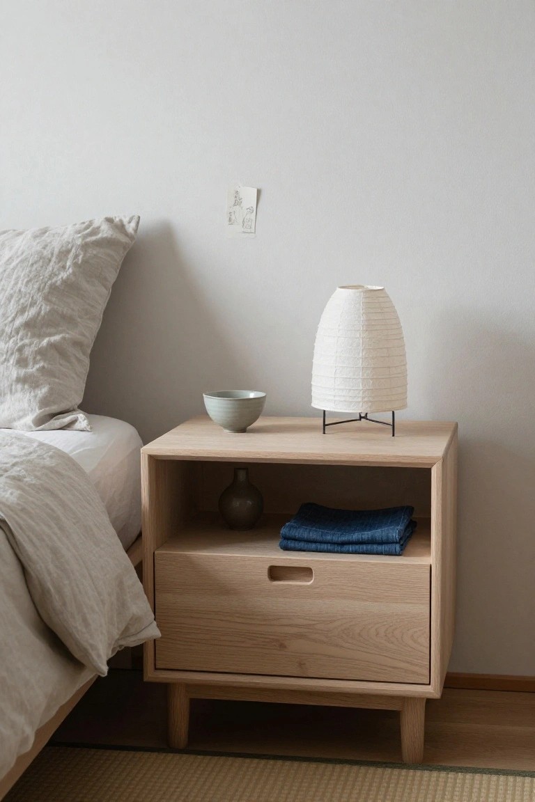 Minimalist wooden nightstand with lamp, bowl, and folded linens beside bed.