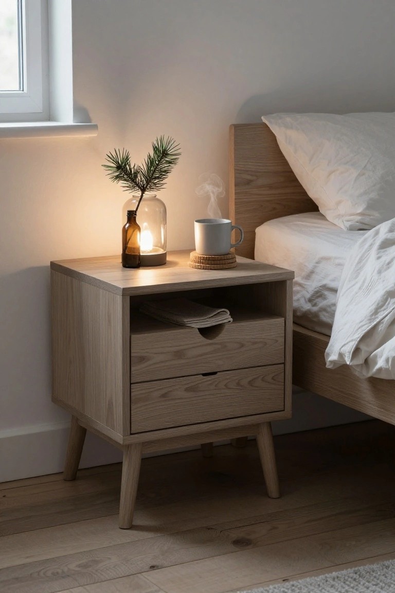 Wooden nightstand with lamp, mug, and plant beside bed.