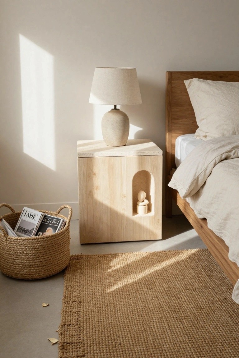 Minimalist bedroom with wooden nightstand, lamp, woven rug, and basket.