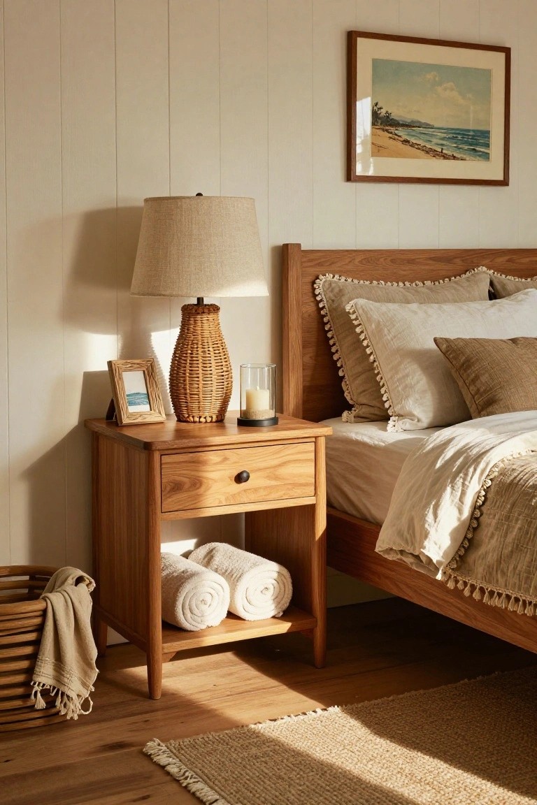 Cozy wooden bedroom with woven lamp, rolled towels, and beach artwork.