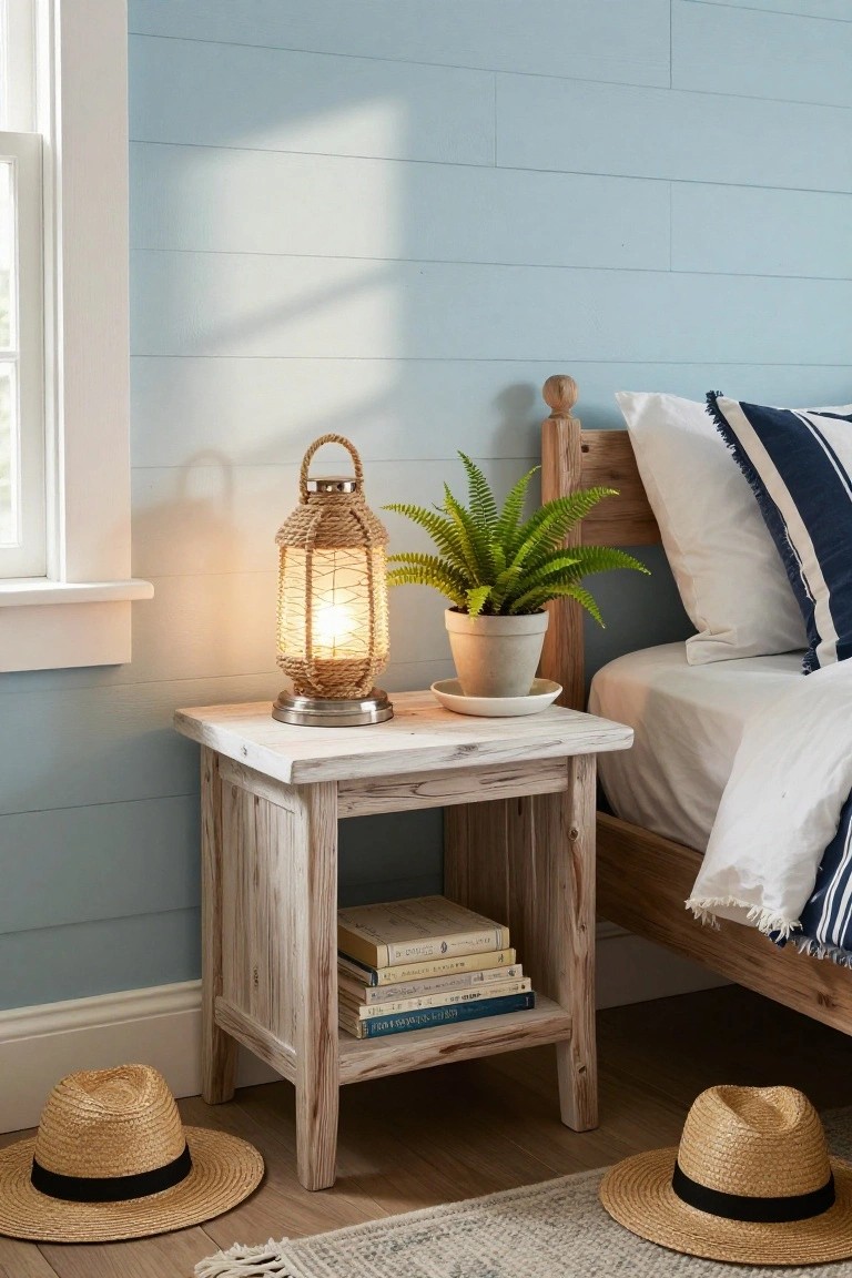 A weathered wood bedside table holding a lit lantern and potted fern with books stacked on the lower shelf beside a bed.
