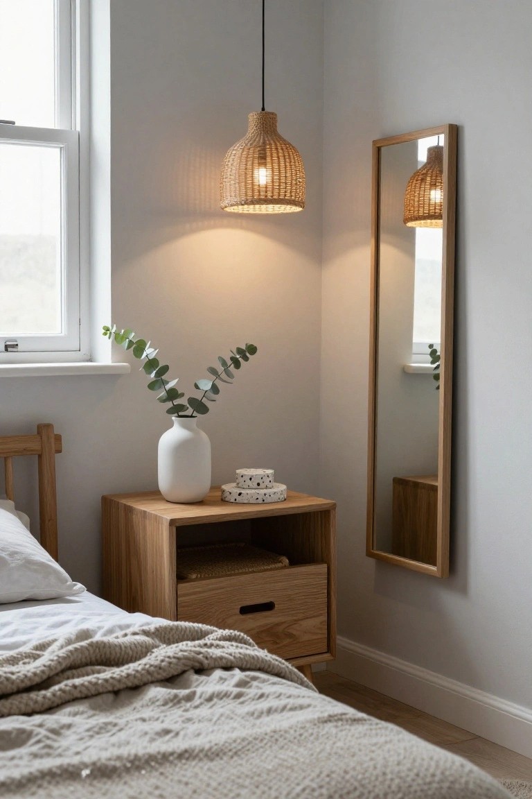 A light wood bedside table with a drawer and open shelf sits beside a bed, topped with a white vase and stacked decorative boxes, under a woven pendant light, with a tall mirror on the wall.
