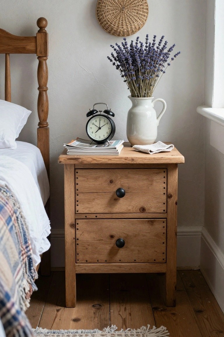 Rustic wooden nightstand with alarm clock, lavender in white jug, and bed.