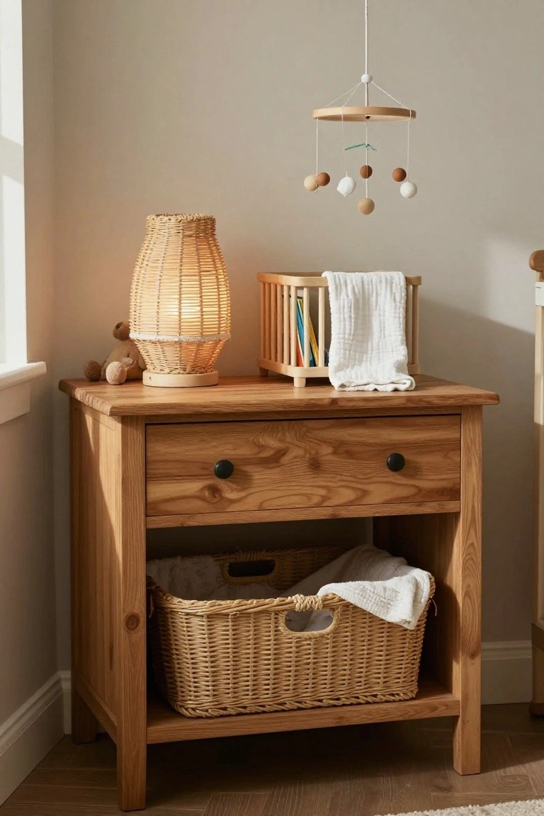 Wooden nightstand with wicker lamp, basket, and baby mobile.