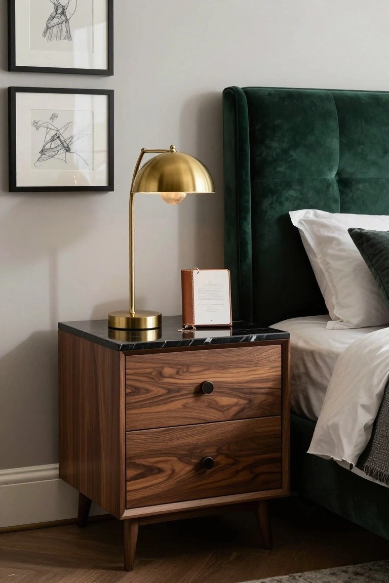 A walnut wood bedside table with a black marble top, two drawers, and a brass dome lamp stands next to a green velvet bed.