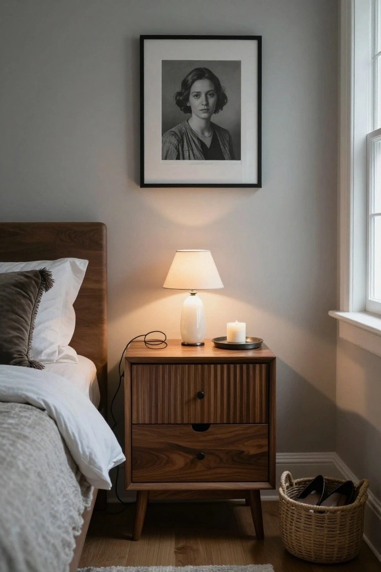 Bedside table with lamp, candle, and framed portrait above.
