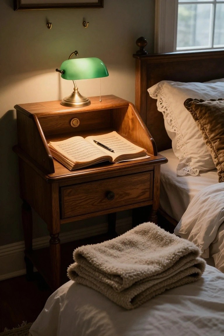 A wooden bedside table with a slanted top holds an open book and a green lamp beside a bed with white pillows and a folded blanket in the foreground.