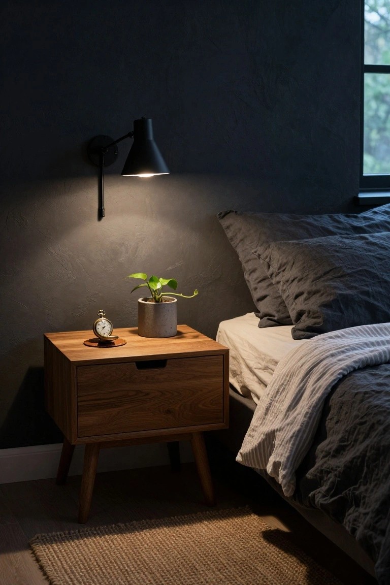 A wooden bedside table with tapered legs holds a potted plant and small clock next to a bed with gray bedding in a bedroom with dark walls and a wall-mounted lamp.