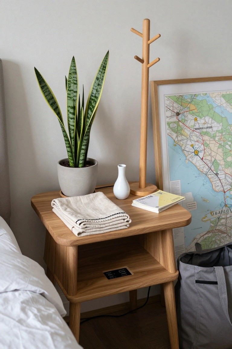 A light wood bedside table with a potted snake plant, folded linen, books, and a small vase sits beside a bed in a bedroom with a coat rack and framed map in the background.