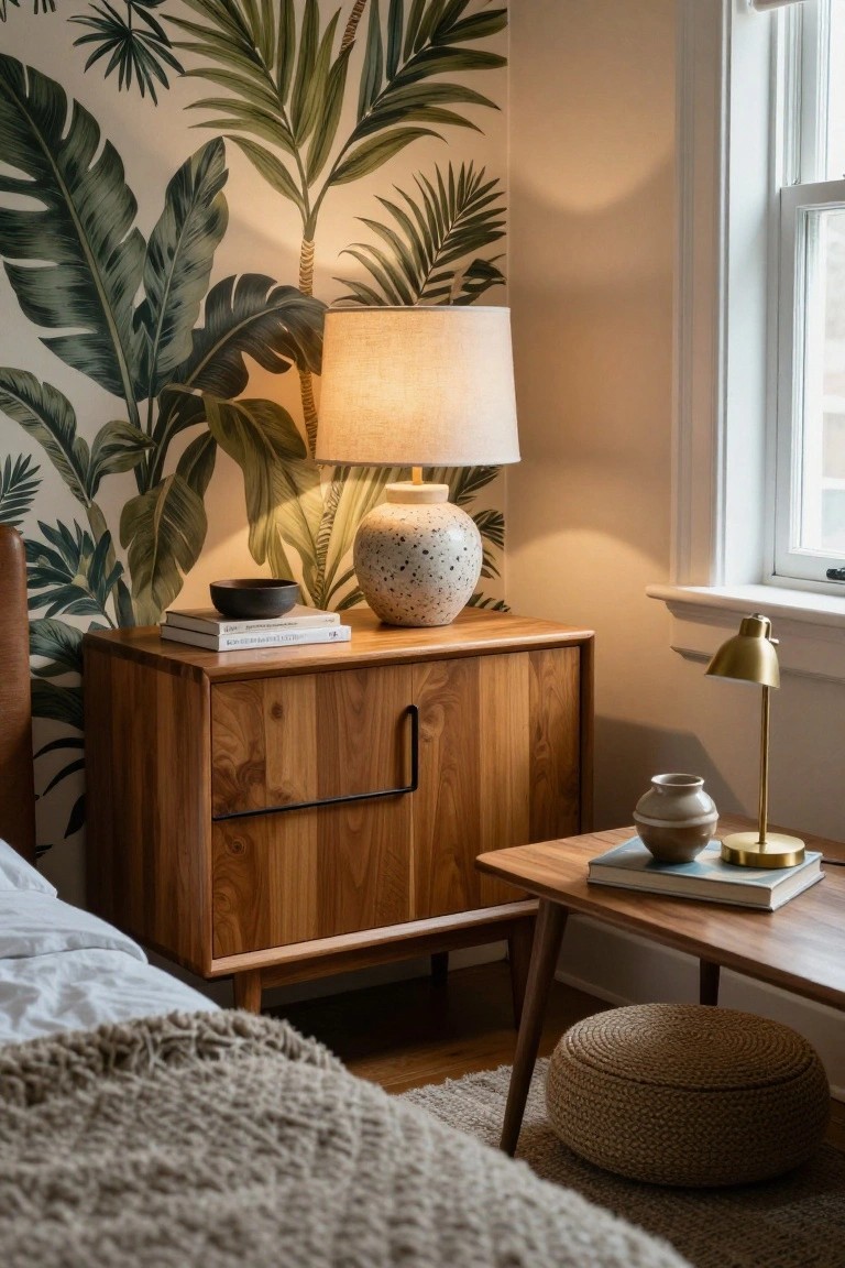 A wooden bedside cabinet with a lamp, books, and a small bowl sits next to a bed in a room with green leaf wallpaper.