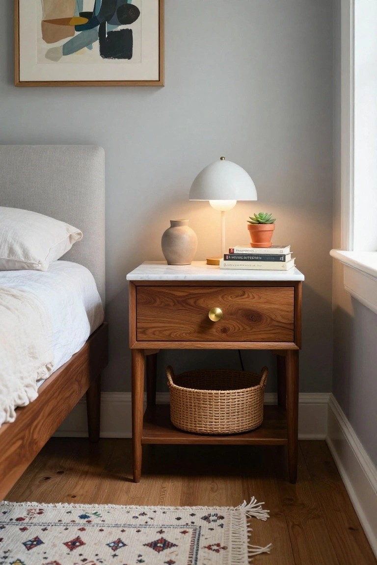 A wooden bedside table with a marble top next to a bed, with a lamp, books, and a woven basket on the lower shelf.