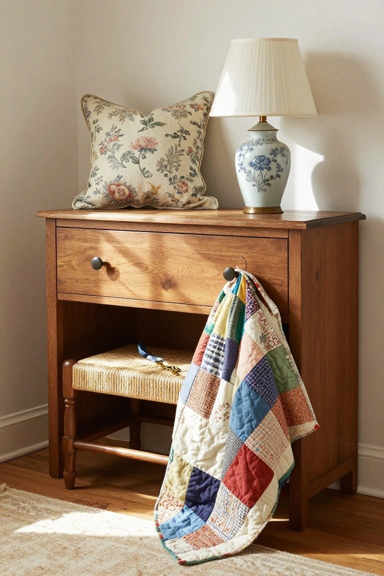 A wooden bedside table with one drawer has a floral pillow and ceramic lamp on top, a patchwork quilt draped over the side knob, and a small woven stool tucked into the open space below.