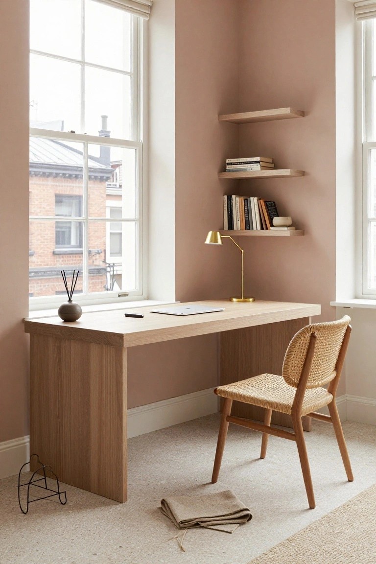 Corner home office with pale pink walls, oak desk, rattan chair, floating oak shelves holding books and a bowl, gold desk lamp, reed diffuser, and large window overlooking brick buildings.