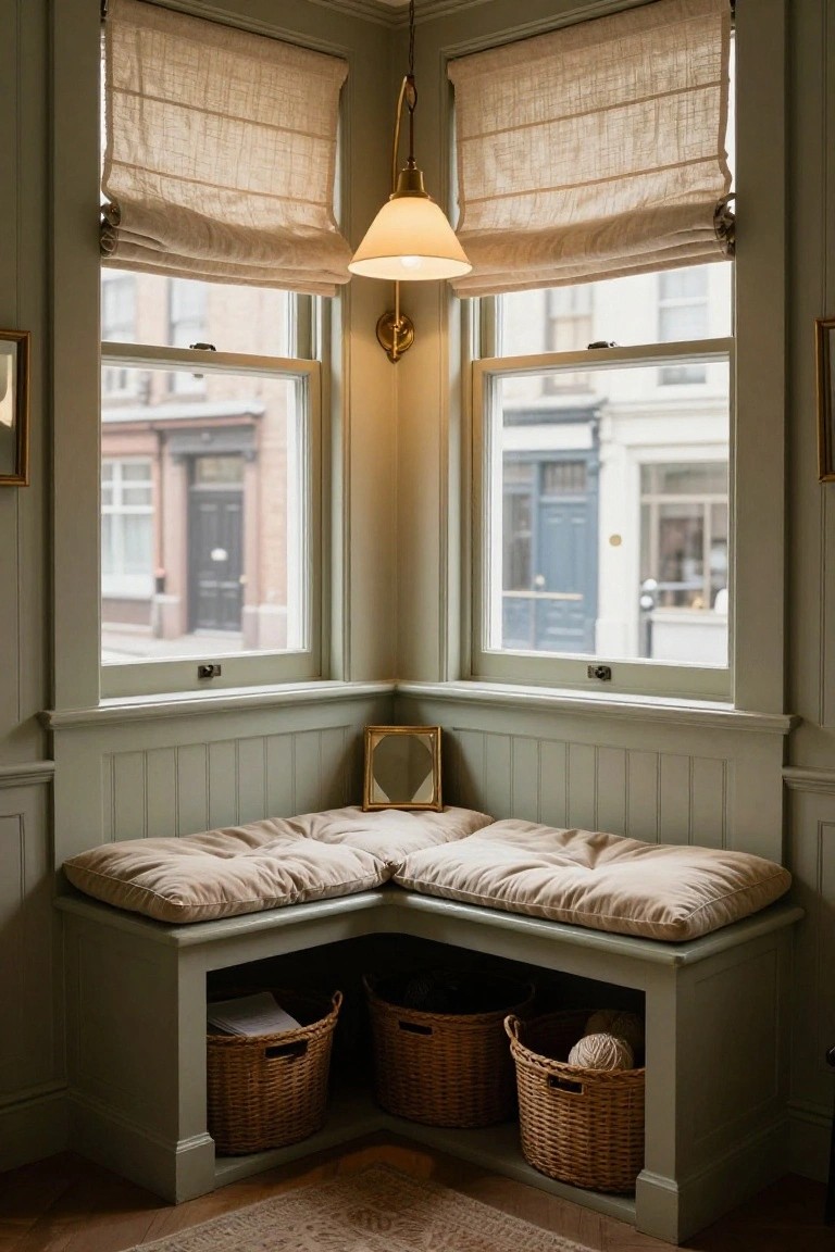 Sage green corner built-in bench seat with beige cushions under two tall windows draped in linen shades, wicker baskets stored in open compartments below, and a small round mirror on the wall.