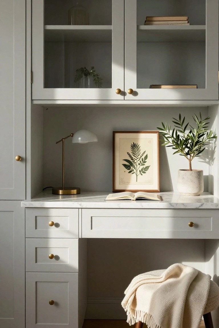 White built-in cabinets with glass upper doors and drawers frame a marble-top desk holding a brass lamp, open book, potted olive tree, and framed botanical print, with a stool draped in a white throw below.