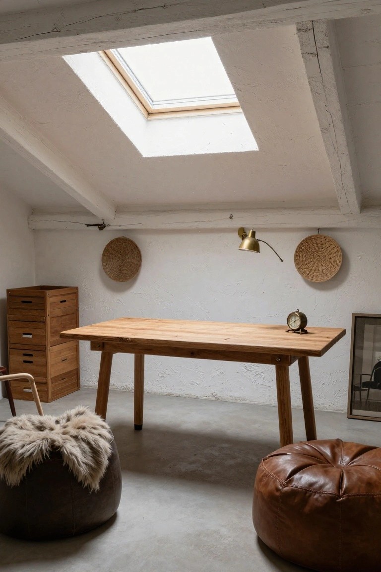 Attic home office featuring a rectangular wooden table with trestle legs, wooden drawer unit, two oversized poufs one with sheepskin throw, brass wall lamp, woven baskets on white walls, brass clock, chair, and skylight in beamed ceiling.