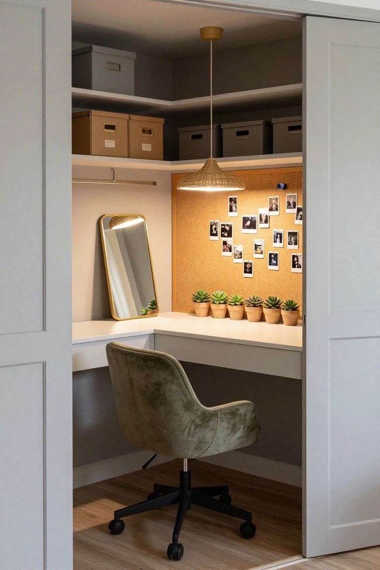 Open walk-in closet with corner white desk, green upholstered swivel chair, corkboard wall backed with polaroid photos and potted succulents, overhead shelves holding cardboard boxes, gold mirror, rattan pendant light, and white sliding doors.