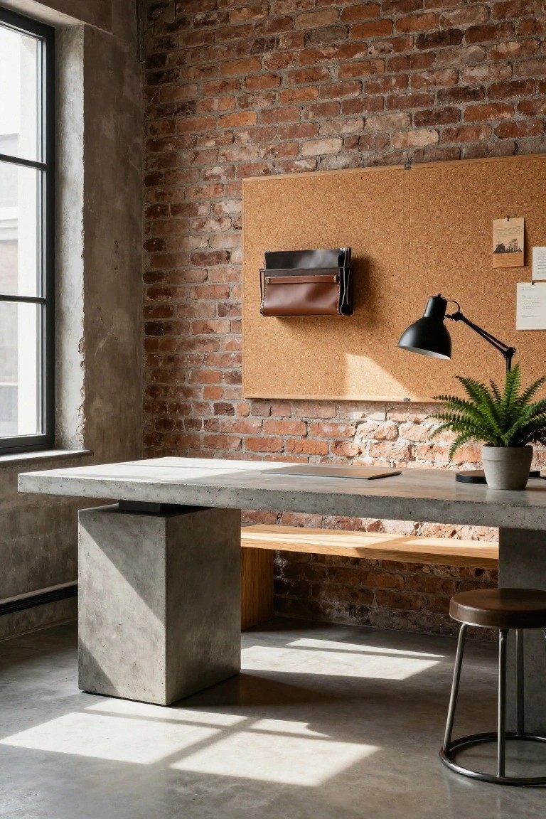 Minimalist office interior with large gray concrete desk on pedestal base, wooden bench seat, black metal stool, exposed brick walls, corkboard with leather holder and lamp, potted fern plant, and large window.