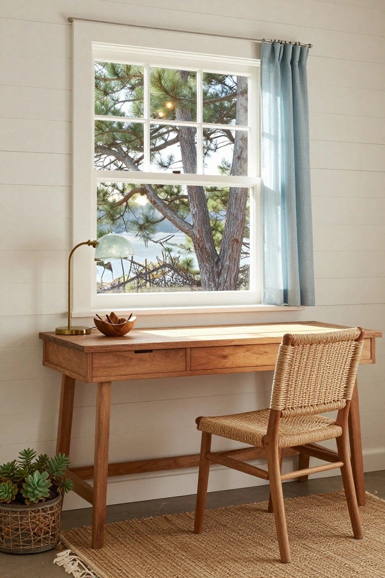 Wooden desk with rattan chair next to a large window showing pine trees and water, in a white shiplap-walled room with a lamp, wooden bowl, and potted succulent.