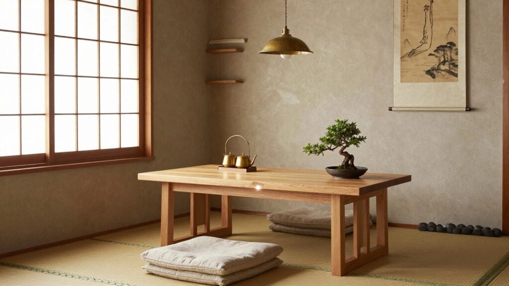 Japanese-style interior room featuring tatami floor mats, low wooden table with bonsai plant and teacups, floor cushions, shoji screen window, wooden shelves with teapot, and hanging gold lamp.