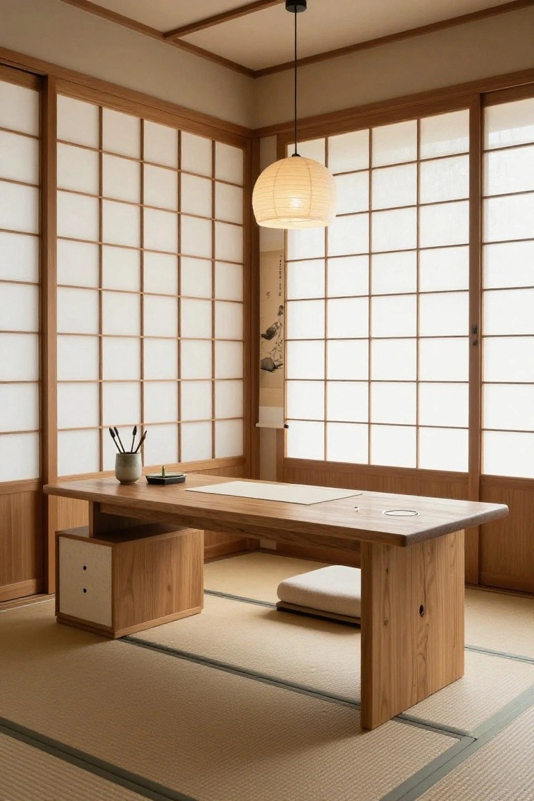 A minimalist Japanese-style room interior with a low wooden desk on tatami mats, shoji screens on walls and windows, a hanging paper lantern, brushes in a ceramic holder, and a beige floor cushion near the desk.