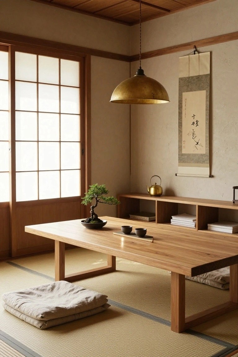 Japanese-style interior room featuring tatami floor mats, low wooden table with bonsai plant and teacups, floor cushions, shoji screen window, wooden shelves with teapot, and hanging gold lamp.