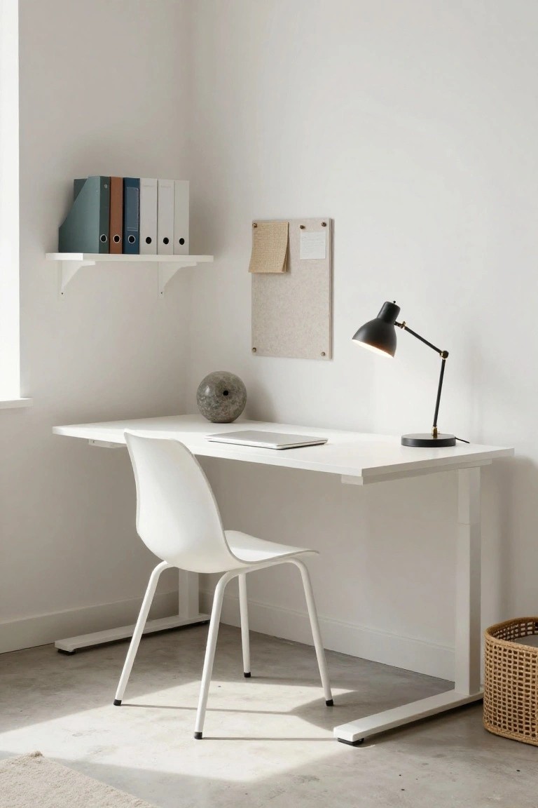 White adjustable-height corner desk with white chair, silver MacBook laptop, black adjustable desk lamp, gray stone orb, wall shelves holding colored binders, cork bulletin board, and woven basket in a white-walled room with concrete floor.