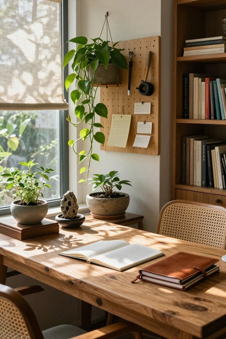 Home office interior featuring a wooden desk with open books and notebooks, surrounded by potted plants, a hanging plant, bookshelves, and a corkboard on a wall next to a window with sheer blinds.