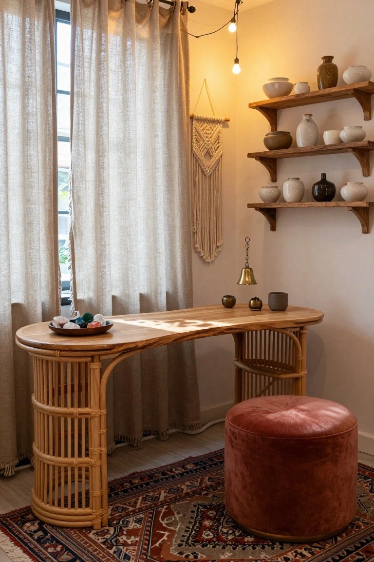Home office corner with curved rattan desk topped by crystals in a dish, wooden shelves holding ceramic pots and vases, sheer curtains on window, small bell, and pink ottoman on patterned rug.