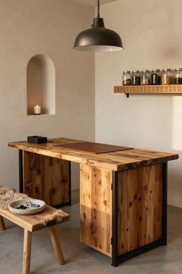 Rustic wooden desk with live-edge top, leather blotter, black metal legs, and cabinets beside a wooden stool with fur cushion in a light beige room with arched niche, candle, hanging lamp, and shelf of jars.
