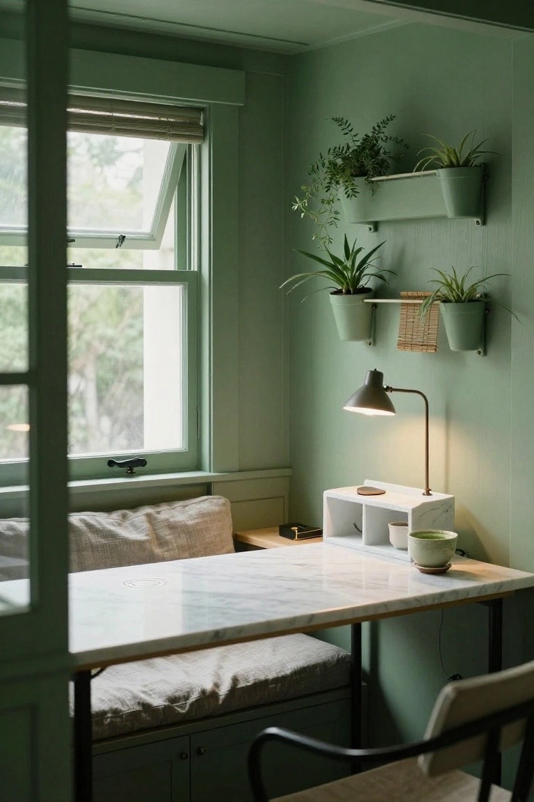 Sage green interior of a small home office with wall-mounted plant pots, marble desk topped with lamp and mug, cushioned bench seat, wooden chair, and window with bamboo blinds.