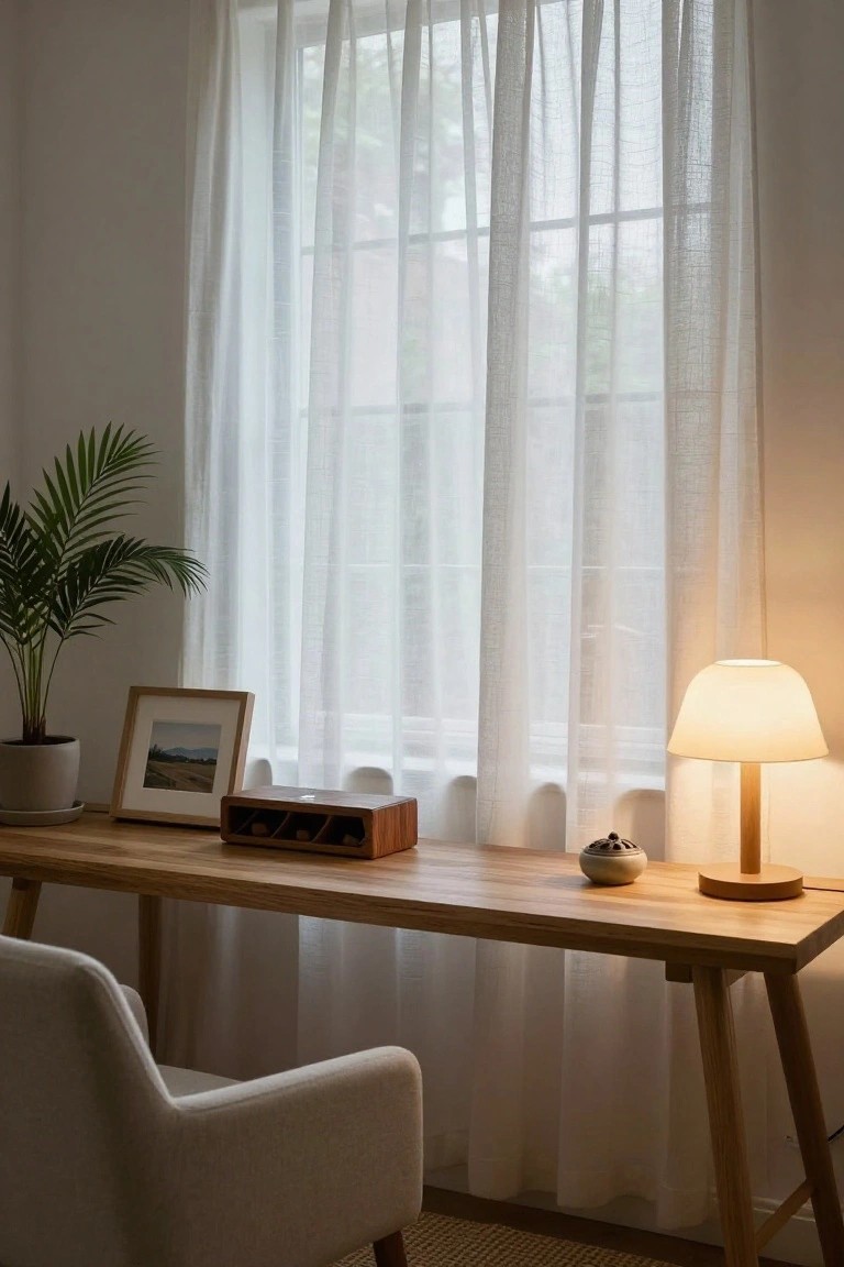 Home office with light wooden desk on angled legs, cream fabric chair, potted palm plant, small table lamp with white shade on wooden base, wooden box, ceramic holder, framed landscape photo, and large window covered by sheer white curtains.