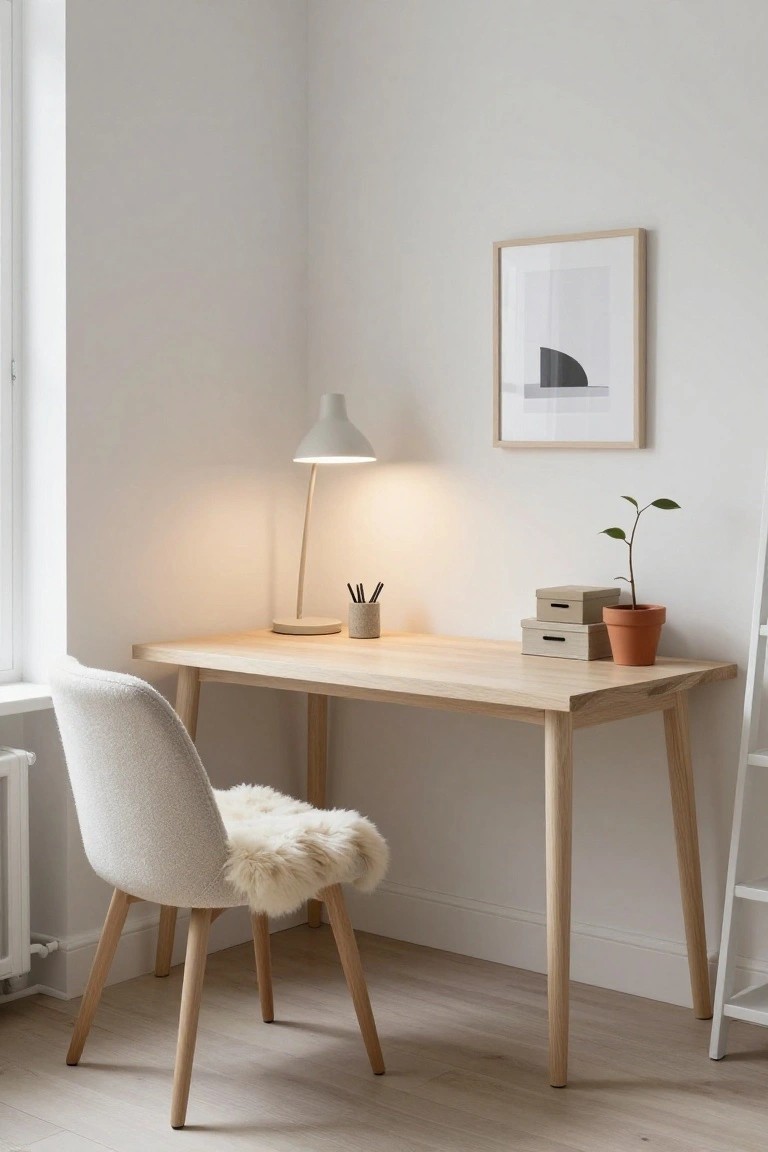 A minimalist corner home office with a light wood desk, cream sheepskin-covered chair, adjustable white lamp, pen holder, stacked beige boxes, small potted plant, and framed abstract art on white walls.