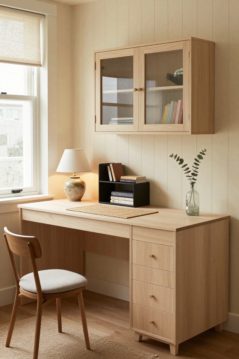 Light wood desk with three side drawers, matching wooden chair with cushioned seat, overhead glass-fronted cabinet with books, table lamp, book organizer, eucalyptus sprig in vase, and window in beige paneled room with wood floor.
