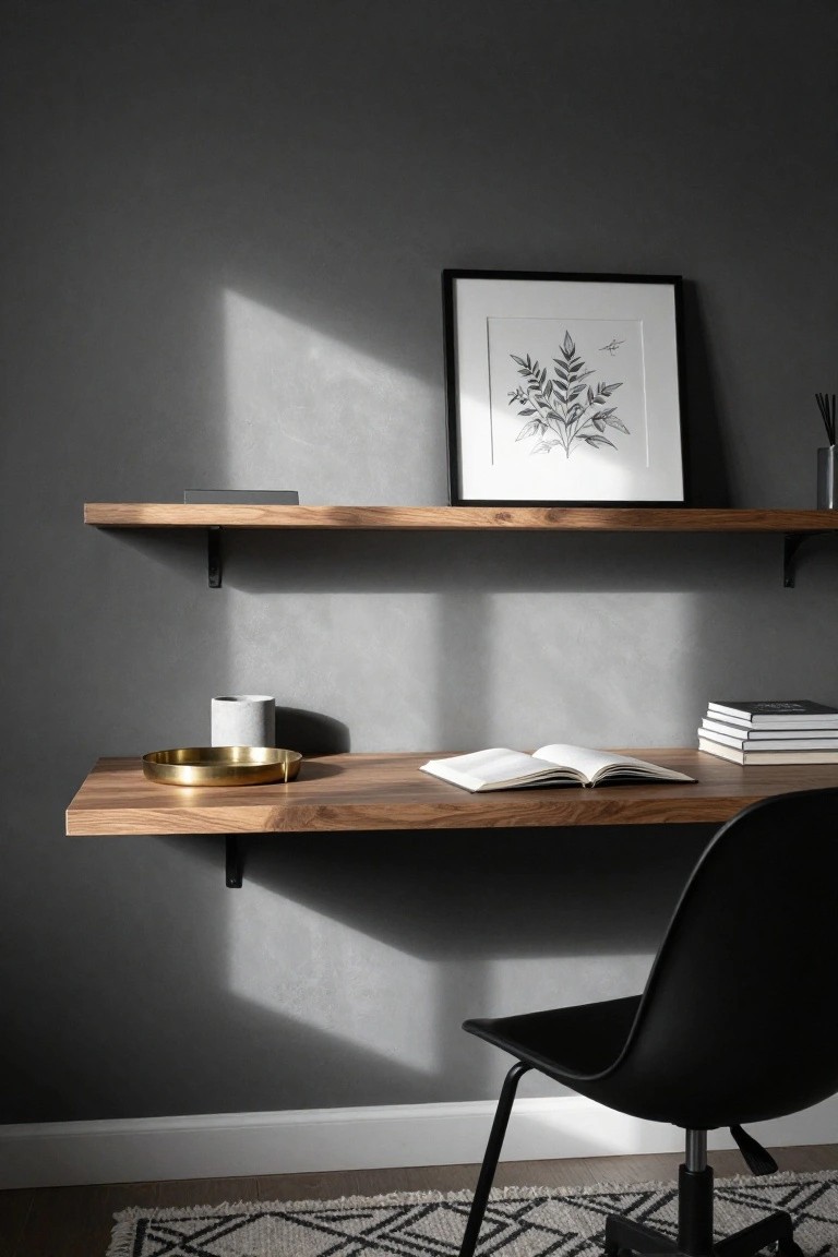 Minimalist home office corner with floating wooden shelf holding framed leaf art and vase, wall-mounted wooden desk with brass tray, open book, stacked books, concrete mug, and black molded plastic chair against textured gray wall.