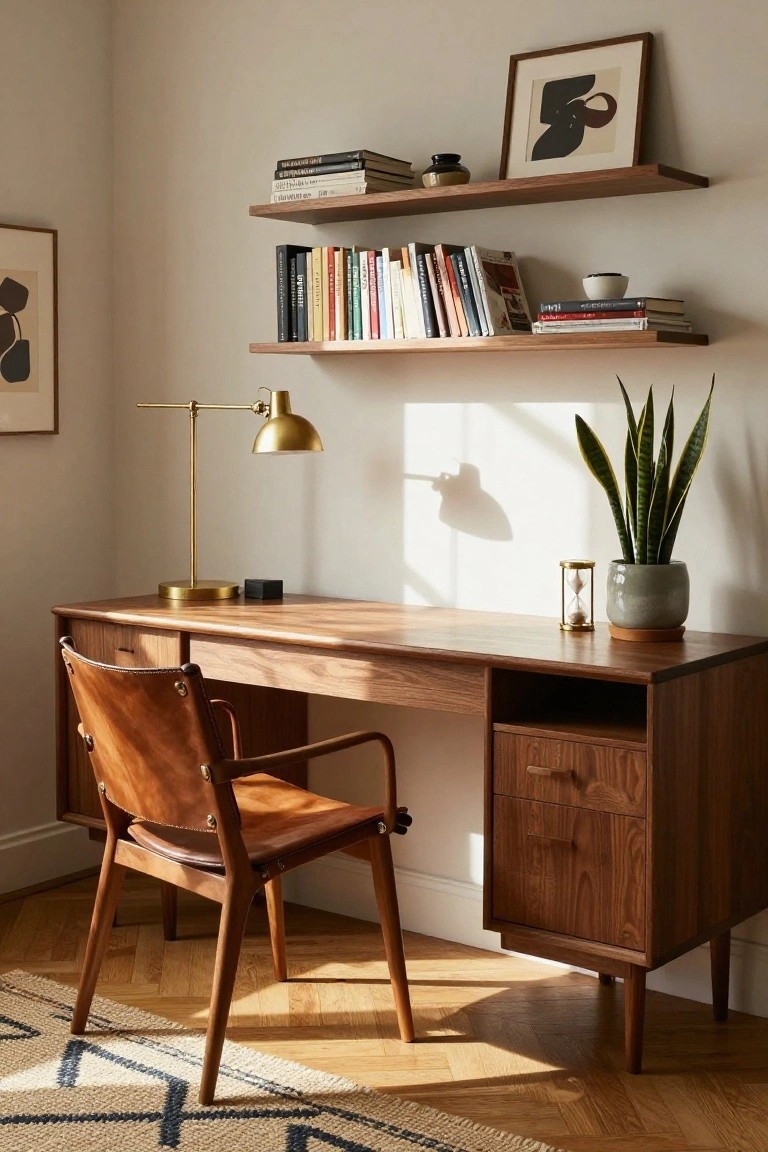 Home office corner with walnut wood desk, tan leather chair, matching wooden shelves holding books and ceramics, gold desk lamp, snake plant in gray pot, small hourglass on desk, light walls, and parquet floor.