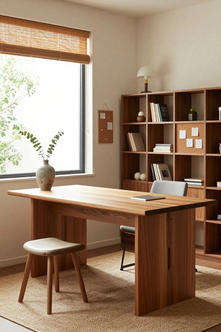 A minimalist home office with a large rectangular wooden desk, low wooden stool, gray office chair, adjacent tall wooden shelving unit with books and decor, bamboo blinds on a window, table lamp, and eucalyptus vase.