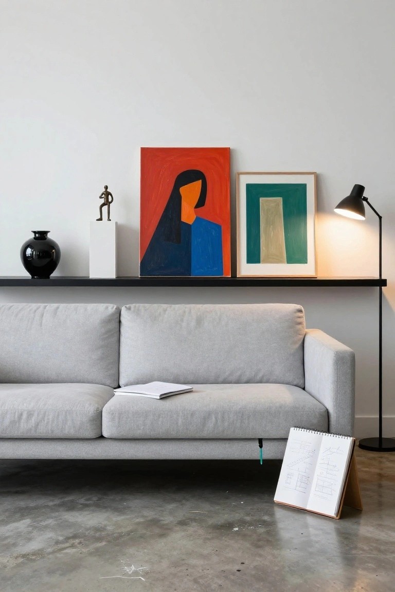 Gray sofa in a white-walled room under a black floating shelf displaying a red abstract portrait painting, green abstract painting in wood frame, black vase, and bronze figurine on white pedestal, with a floor lamp and open notebook stand nearby.