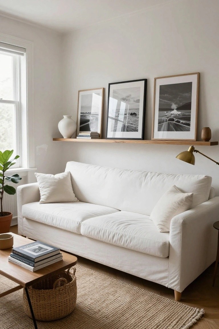 White slipcovered sofa in a light room below wooden floating shelves displaying black and white framed photos, books, white ceramic vases, and a wood vase, with a potted plant nearby and low coffee table in front.