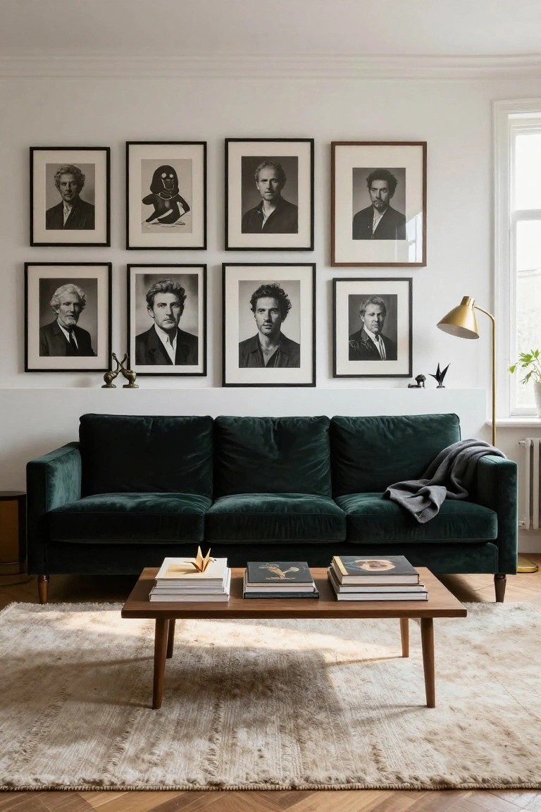 Modern living room with green velvet sofa, wooden coffee table, and black-and-white portrait gallery wall.