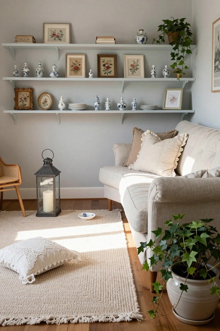 Cozy room corner with white floating shelves above a beige sofa displaying blue and white porcelain vases, jars, plates, picture frames, and books, plus a floor lantern, rattan chair, rug, pillow, and potted ivy plant.