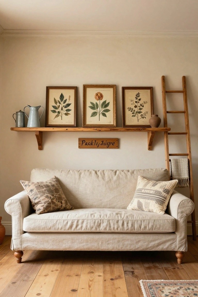 Light interior room with a beige linen sofa under a wooden shelf displaying three gold-framed botanical prints of leaves and flowers, a wooden sign reading "Pasklyngre", two metal pitchers, a clay pot, and a tall wooden ladder with a folded blanket nearby on hardwood floors.