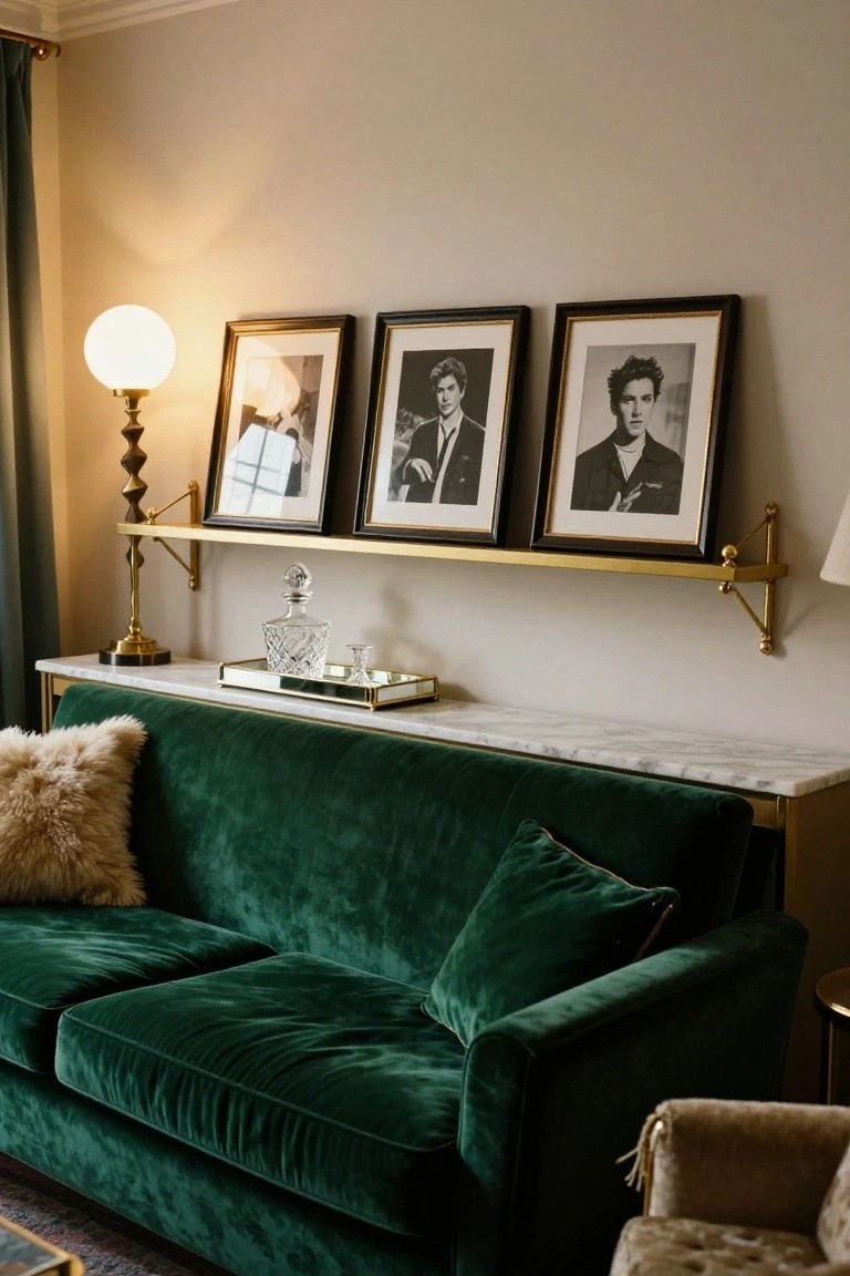 Green velvet sofa against a marble console table topped with a silver tray, below a gold shelf holding three black-framed portraits of a young man and a crystal decanter, with a globe lamp nearby.
