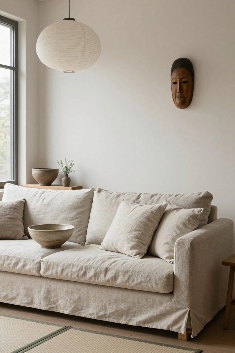 Light room with beige linen sofa and pillows, wooden shelf above holding two ceramic bowls and small vase with greenery on a wood stand, wooden mask on white wall, paper lantern ceiling light, and tatami-style rug on floor.