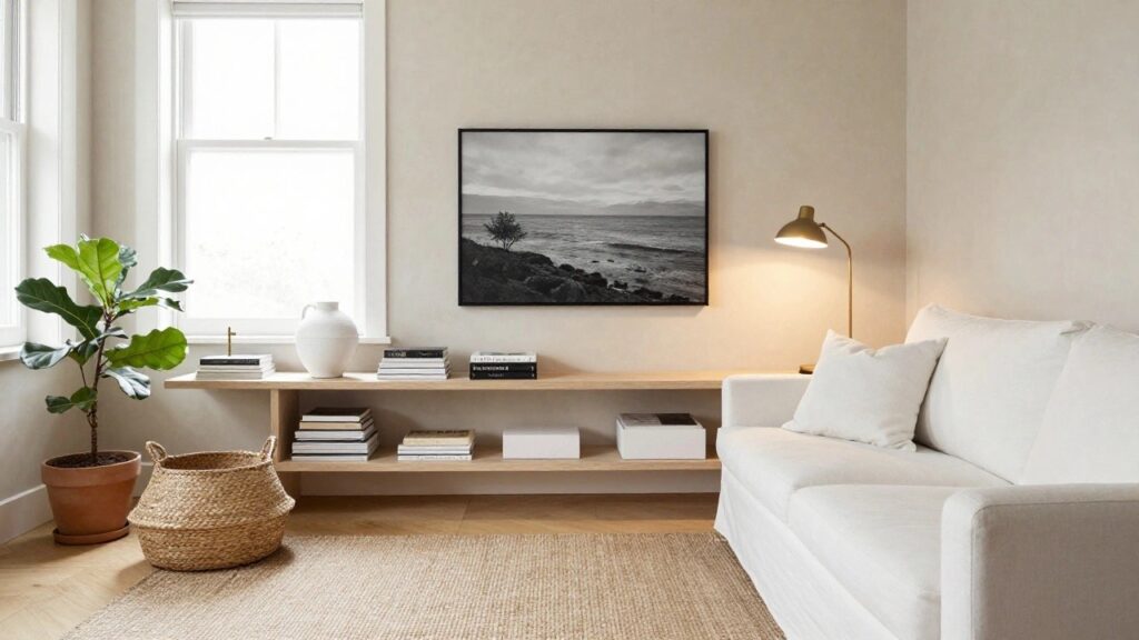 White slipcovered sofa in a light room below wooden floating shelves displaying black and white framed photos, books, white ceramic vases, and a wood vase, with a potted plant nearby and low coffee table in front.