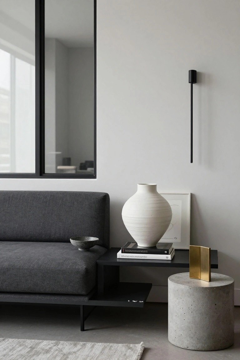 Gray low-profile sofa with black frame and attached shelf behind it holding stacked books, large white textured vase, small bowl, and framed artwork, next to concrete cylinder stool with gold rectangular object on light gray wall.