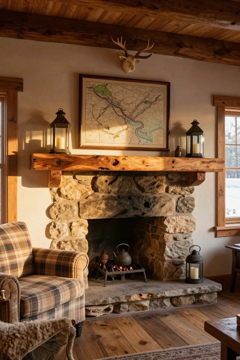 Rustic interior room with a stone fireplace, wooden beam mantel holding lanterns and candles, a framed vintage map on the wall above, plaid armchair nearby, and wooden floors.