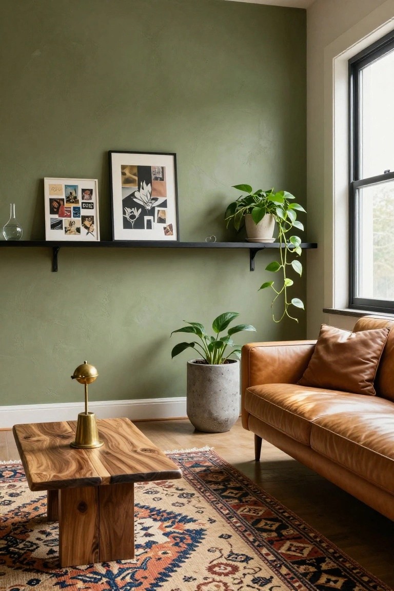 Corner of a living room featuring green textured walls, black floating shelves with two art frames and a glass vase, hanging potted plant, large potted plant, tan leather sofa, wooden coffee table with brass lamp, and patterned rug on hardwood floor.